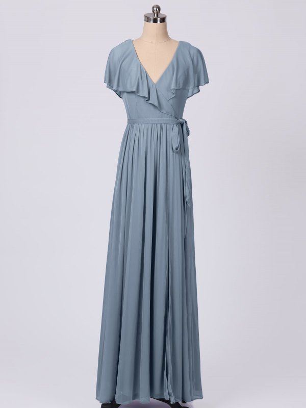 Flutter Sleeve Long Chiffon Front Slit Bridesmaid Dress AB202049