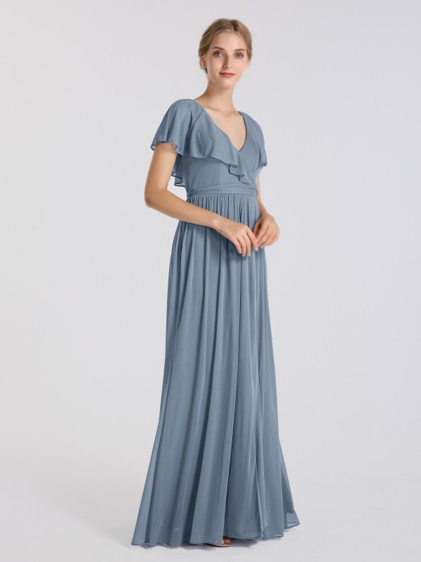 Flutter Sleeve Long Chiffon Front Slit Bridesmaid Dress AB202049