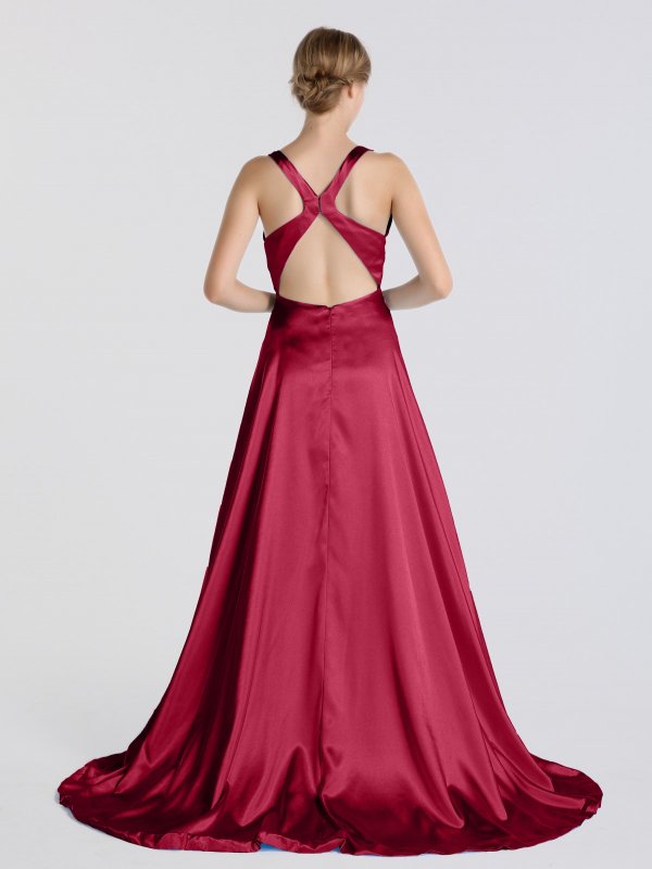 Sexy Long V-neck Satin Prom Dress with Side Slit AB202170