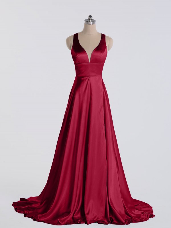 Sexy Long V-neck Satin Prom Dress with Side Slit AB202170