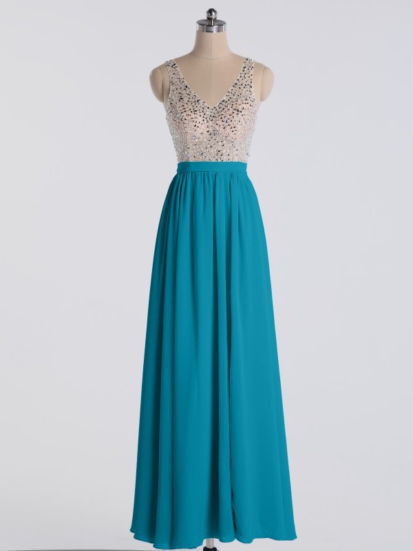 Elegant Long Beaded-Bodice Tank V-neck Chiffon Prom Party Gown AB202158