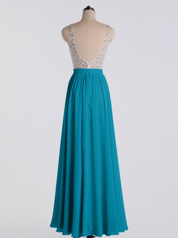 Elegant Long Beaded-Bodice Tank V-neck Chiffon Prom Party Gown AB202158