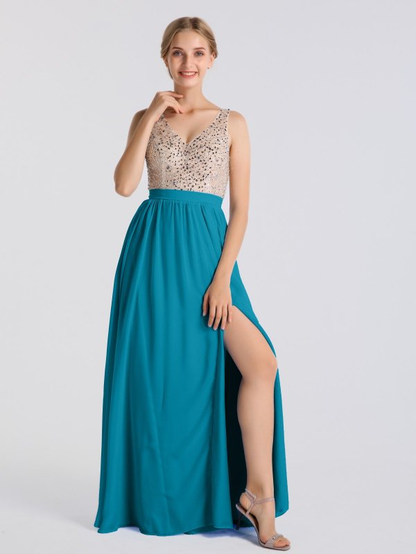 Elegant Long Beaded-Bodice Tank V-neck Chiffon Prom Party Gown AB202158