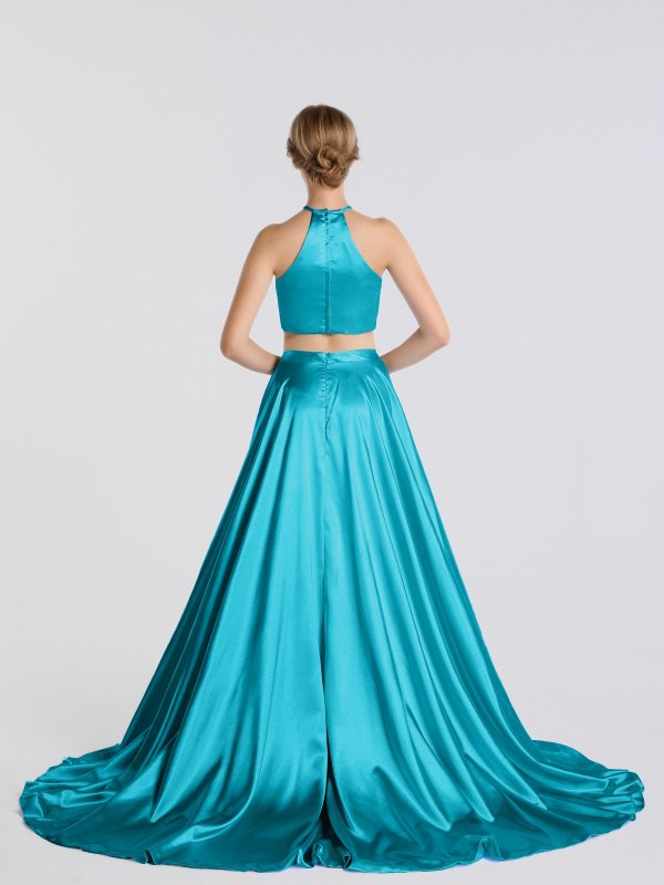 Two Pieces A-line Halter Neck Satin Prom Gown with Pockets AB202178