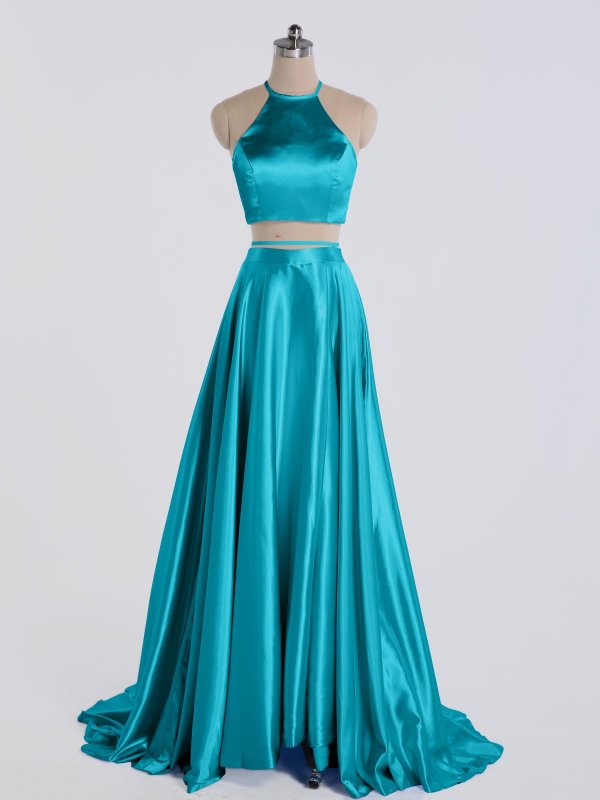 Two Pieces A-line Halter Neck Satin Prom Gown with Pockets AB202178