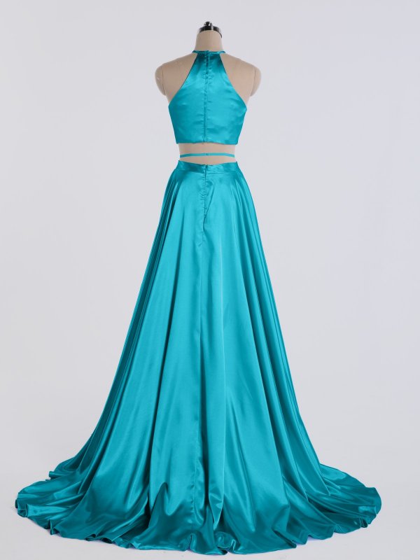 Two Pieces A-line Halter Neck Satin Prom Gown with Pockets AB202178