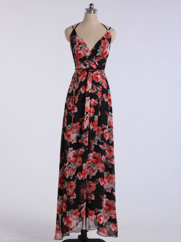 Long Printed Bridesmaid Wrap Dress with Double-Strap AB202103