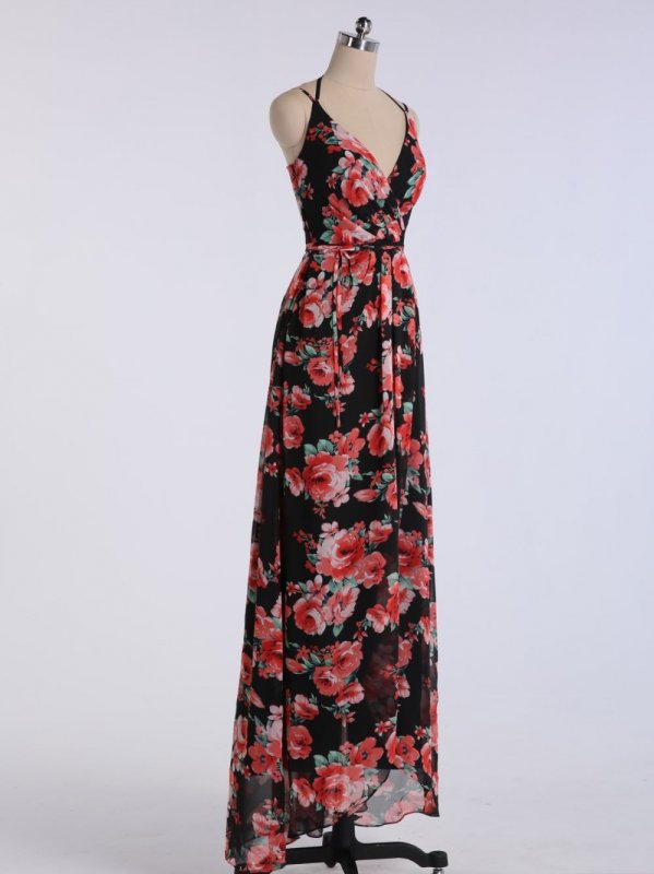 Long Printed Bridesmaid Wrap Dress with Double-Strap AB202103