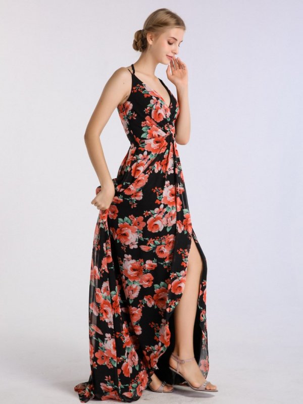 Long Printed Bridesmaid Wrap Dress with Double-Strap AB202103