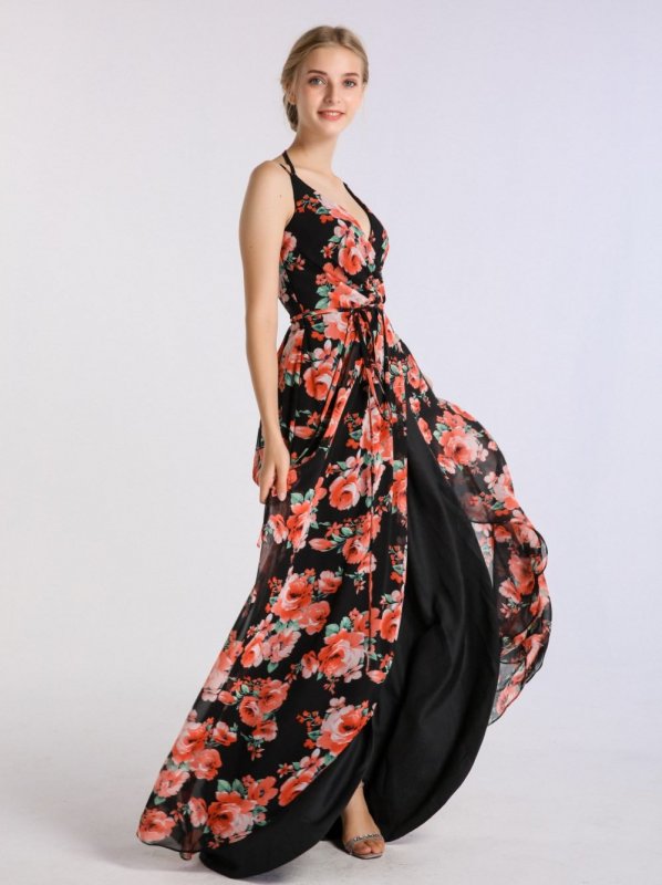 Long Printed Bridesmaid Wrap Dress with Double-Strap AB202103