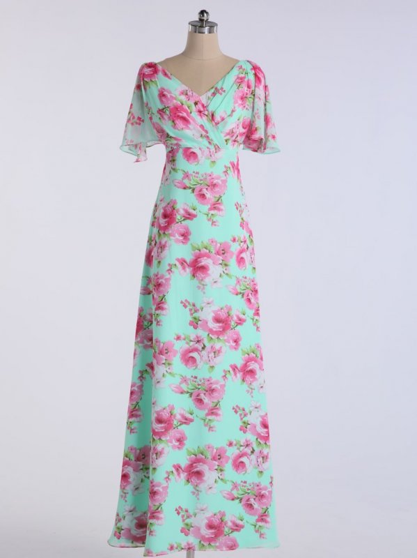 Long A-line Floral Chiffon Dress with Flutter Sleeves AB202088