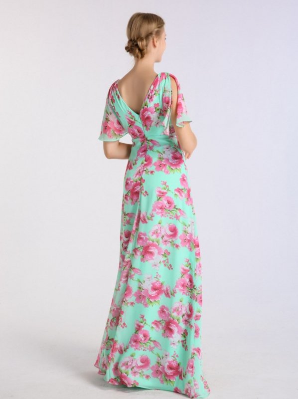 Long A-line Floral Chiffon Dress with Flutter Sleeves AB202088