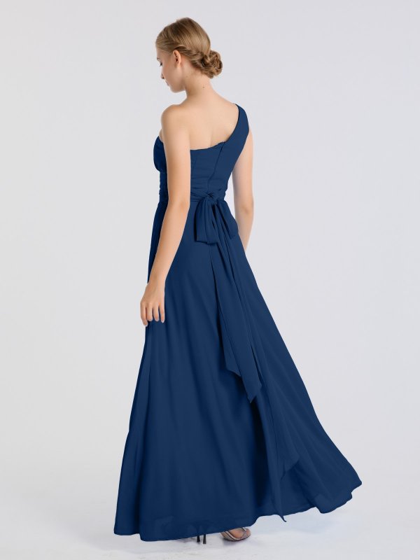 Long Chiffon One-Shoulder Bridesmaid Dress with Ruched Waist AB202091