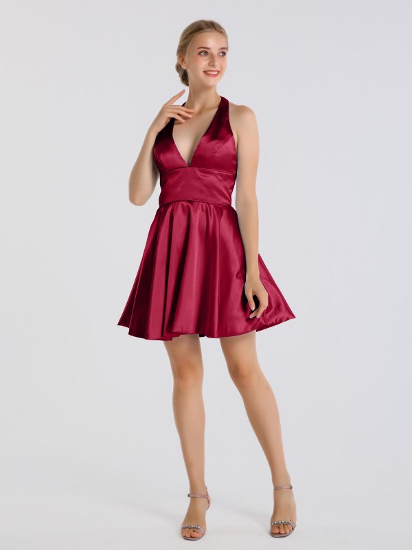 Short Halter V-neck Satin Prom Dress AB202173