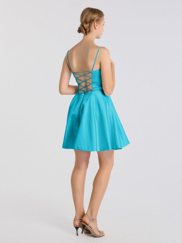 Short Scoop Neckline Satin Party Gown with Spaghetti Straps AB202175