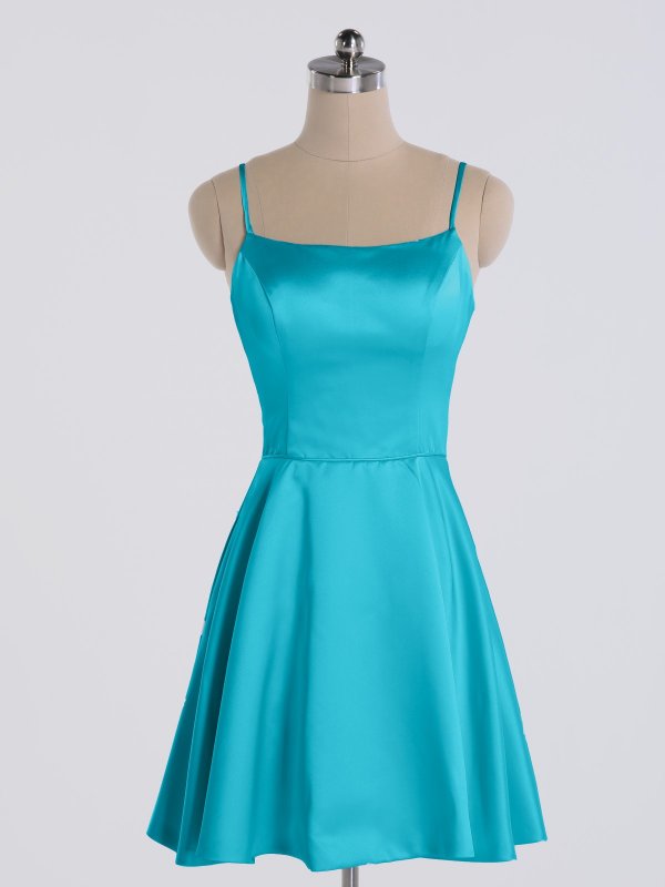 Short Scoop Neckline Satin Party Gown with Spaghetti Straps AB202175