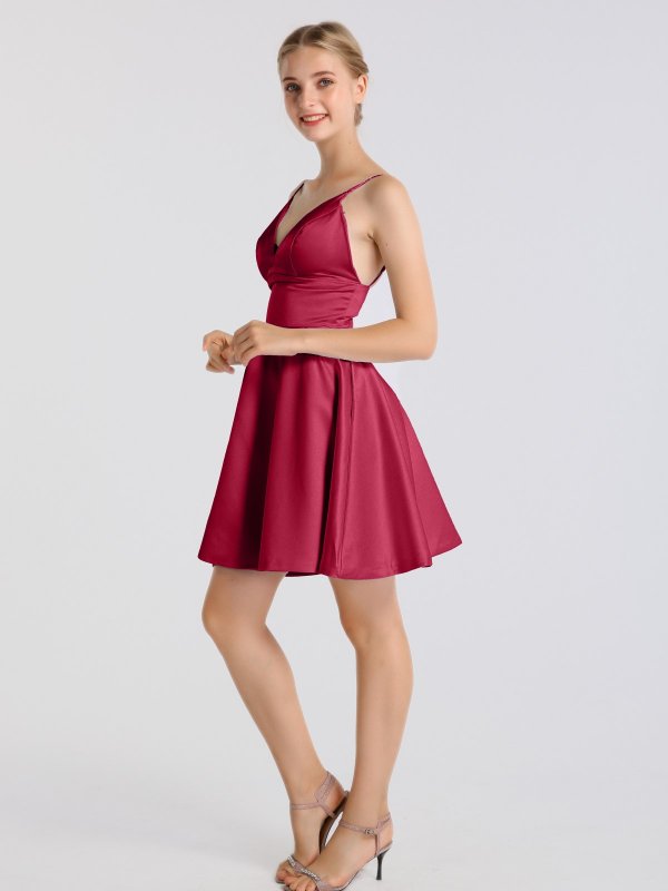 V Neck Bodice Short Satin Cocktail Party Dress AB202179