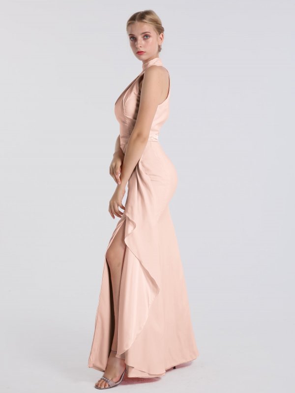 Mock-Neck Satin Long Bridesmaid Dress AB202121