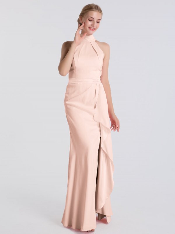 Mock-Neck Satin Long Bridesmaid Dress AB202121