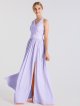 Halter V-neck Satin Dress with Slit and Pockets AB202078