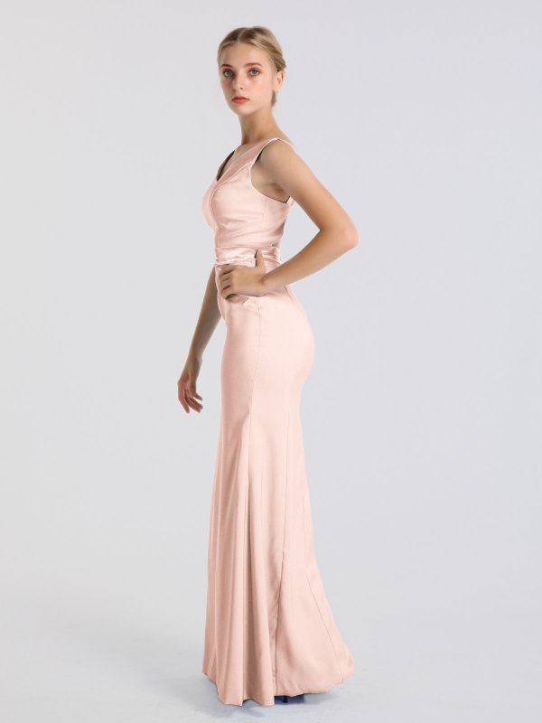 Long V Neck Satin Dress with Open Back AB202113