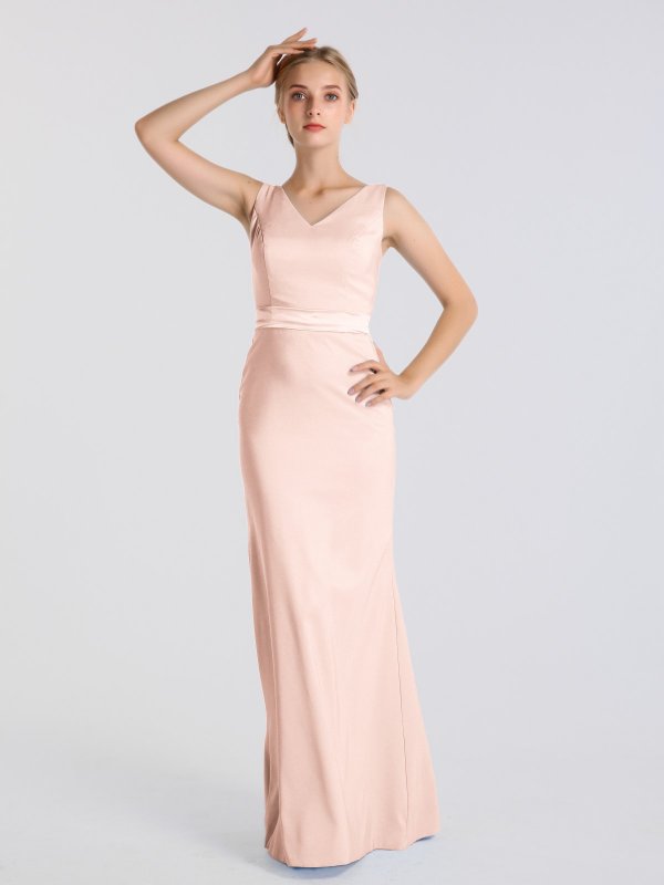 Long V Neck Satin Dress with Open Back AB202113