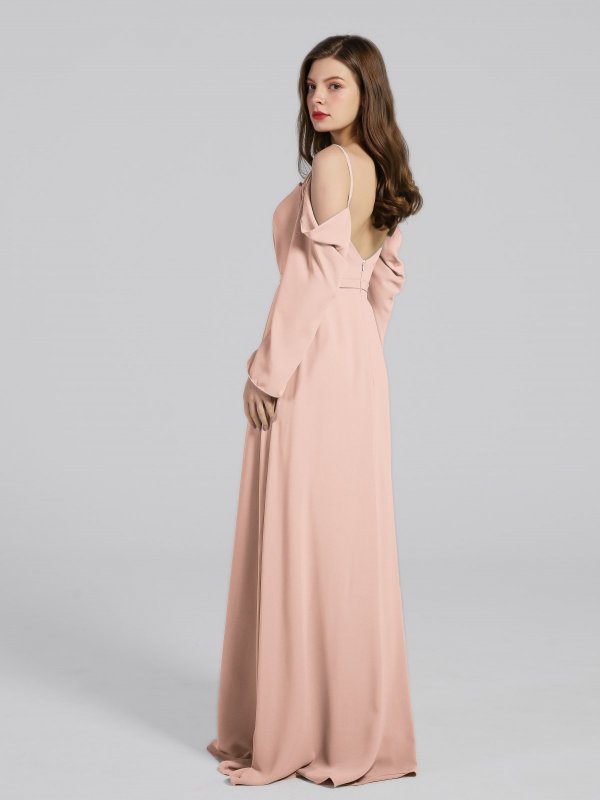 Long Satin Bridesmaid Dresses With Sleeve Cold Shoulder AB202104