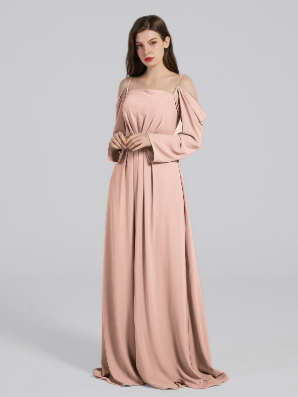 Long Satin Bridesmaid Dresses With Sleeve Cold Shoulder AB202104