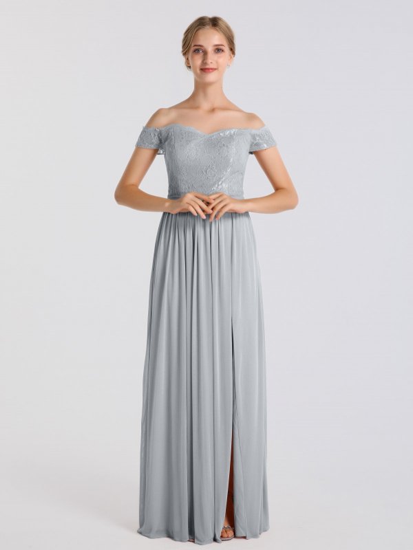 Off-the-Shoulder Lace and Mesh Bridesmaid Dress AB202124