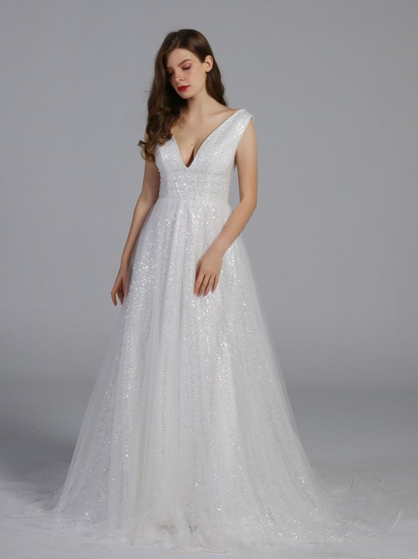 Plunging Sequin Tulle Ball Gown Wedding Dress AB202031