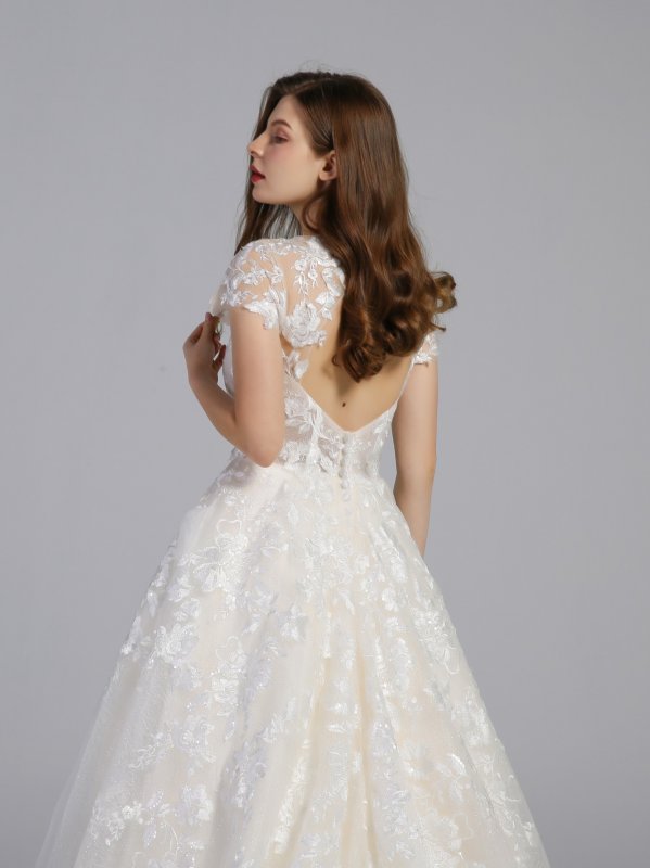 Lace Illusion Cap Sleeve Ball Gown Wedding Dress AB202020