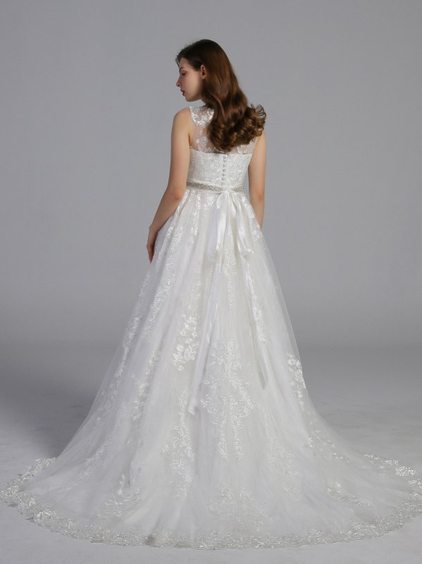 Beaded Lace Wedding Dress with Pleated Skirt AB202010