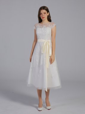 Cap Sleeve Tea Length Wedding Dresses AB202012