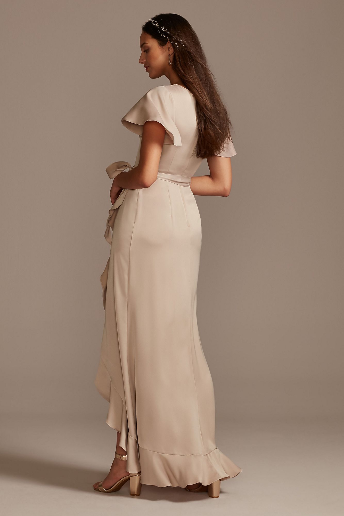 Flutter Sleeve Crepe Satin Ruffle Bridesmaid Dress F20209 [F20209] -  $119.00