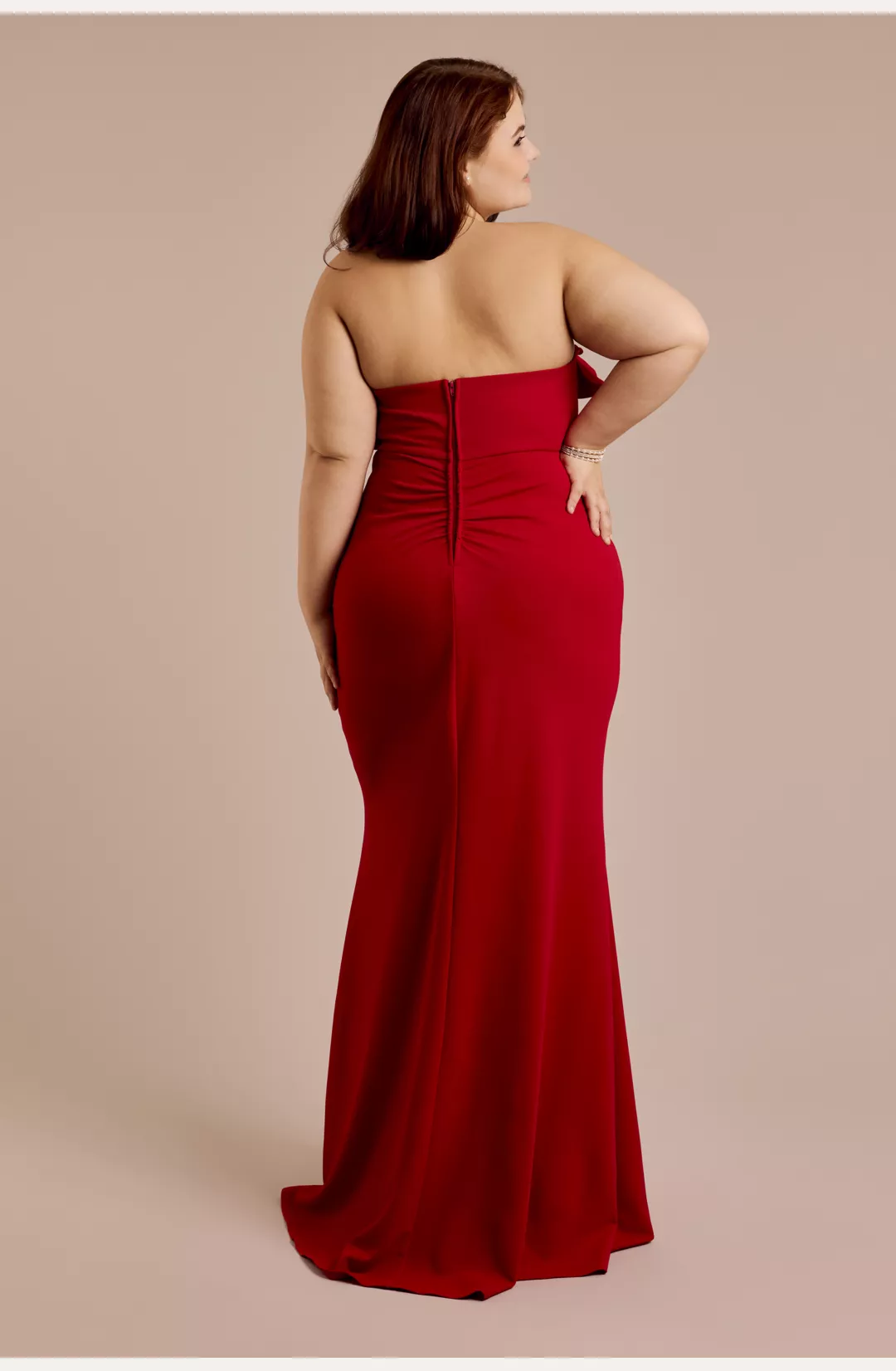 Strapless Crepe Sheath Dress with Ruffle Neckline STYLE# ATU3405