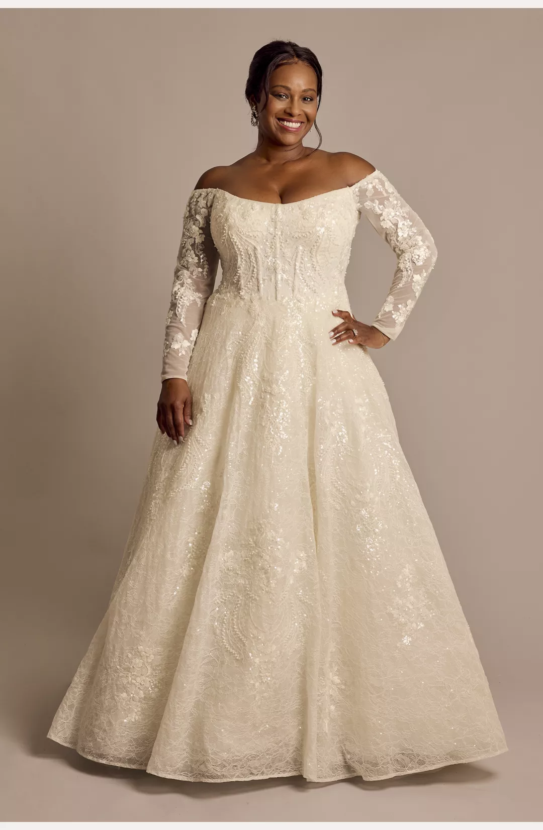 Off-the-Shoulder Pearl Beaded Lace Wedding Dress STYLE# CWG1005