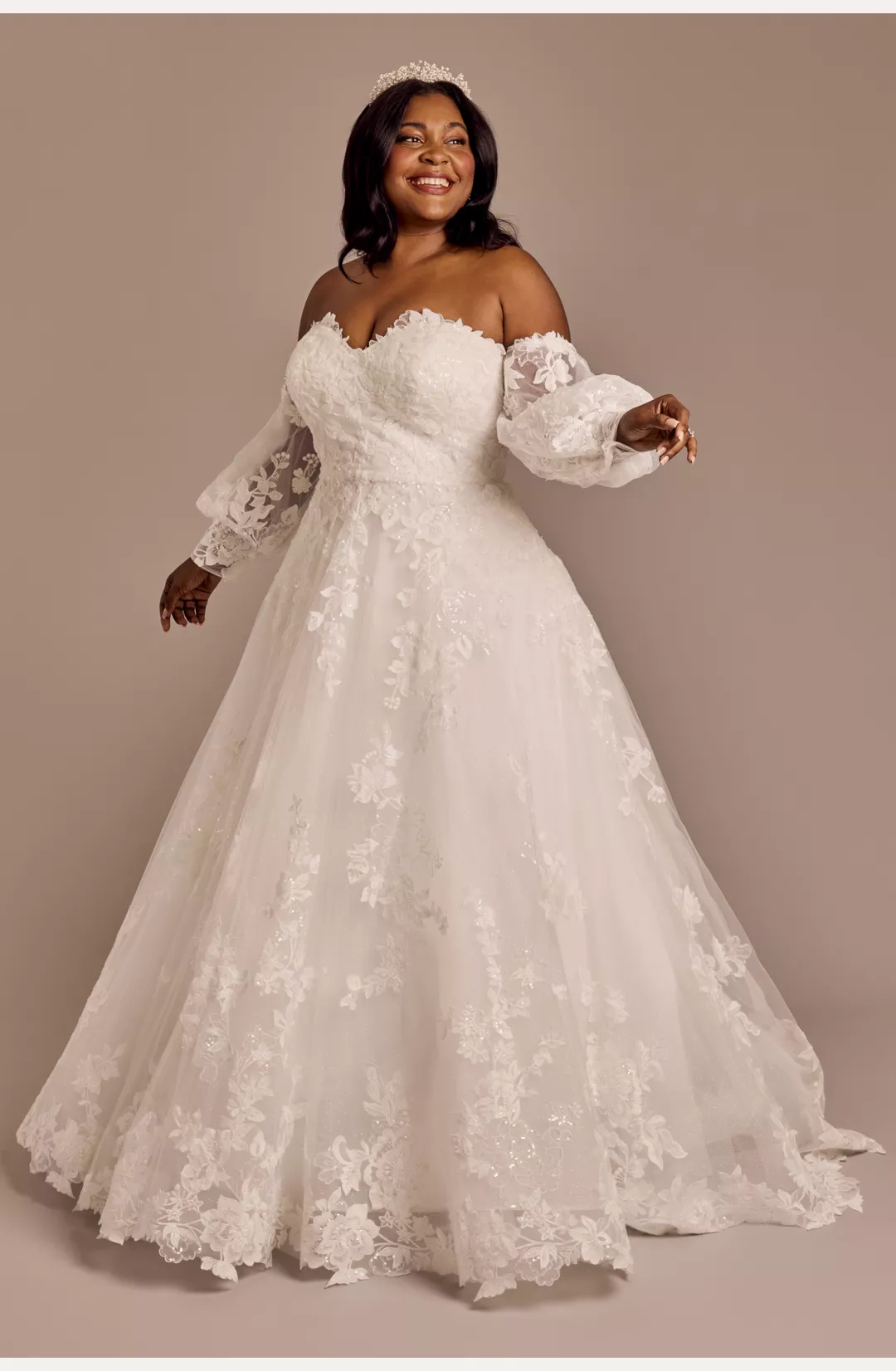 Lace Applique Gown with Removable Billow Sleeves STYLE# CWG1013