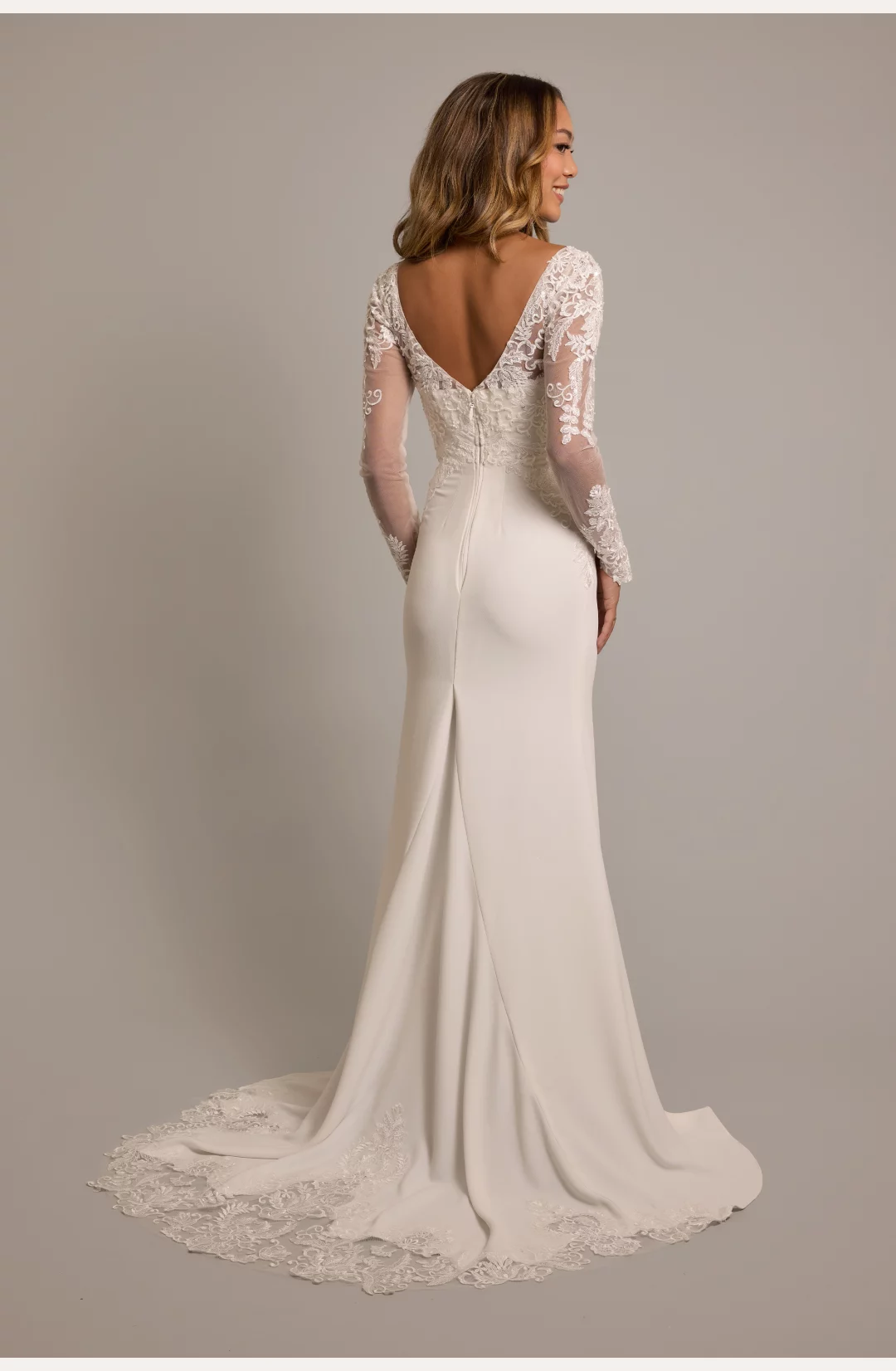 Long Sleeve Crepe Sheath Dress with Lace Appliques STYLE# CWG974