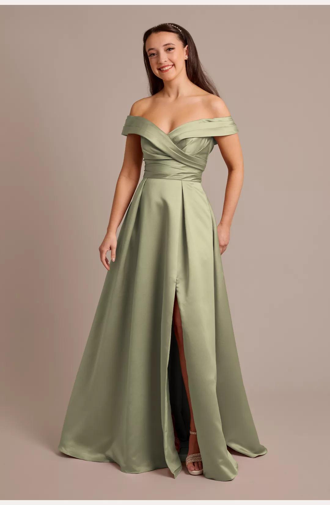 Satin Off-the-Shoulder Ball Gown Bridesmaid Dress STYLE# F20701