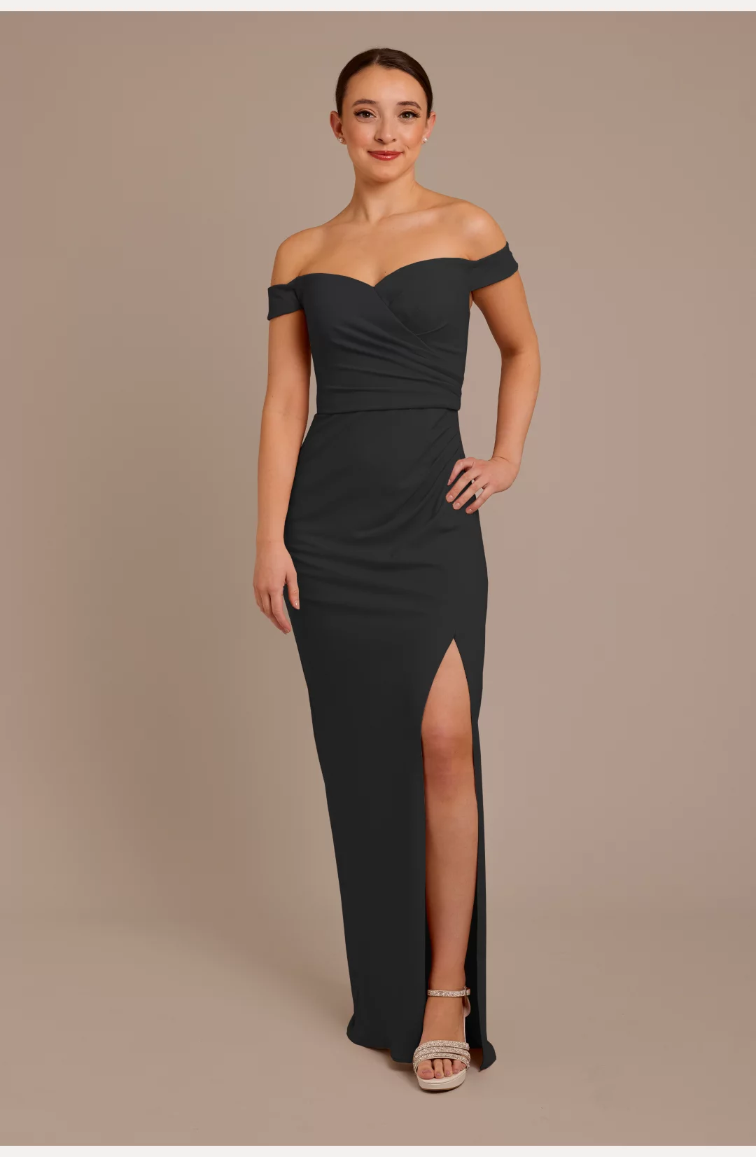 Structured Crepe Off-the-Shoulder Bridesmaid Dress STYLE# F20718