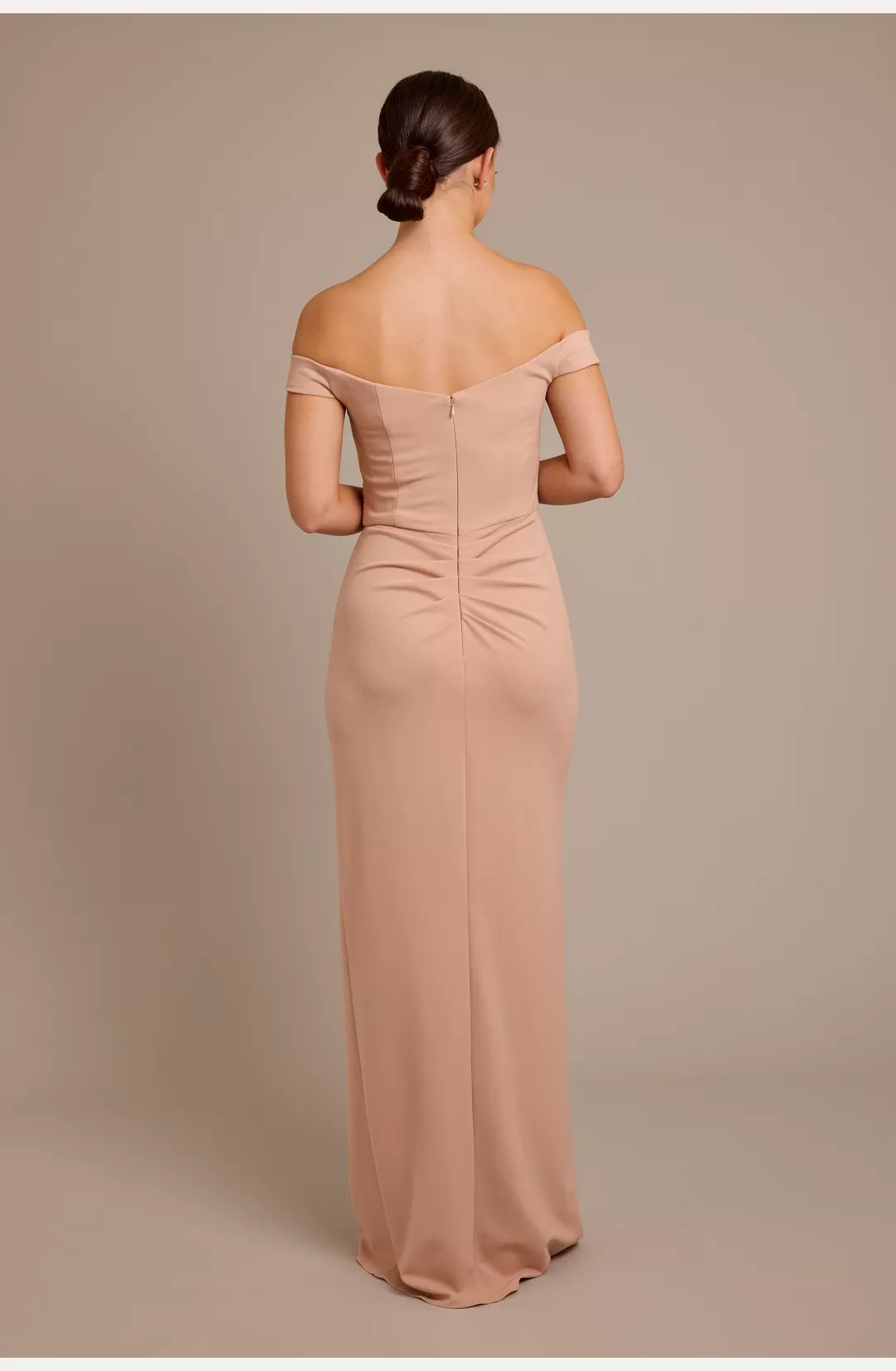 Structured Crepe Off-the-Shoulder Bridesmaid Dress STYLE# F20718