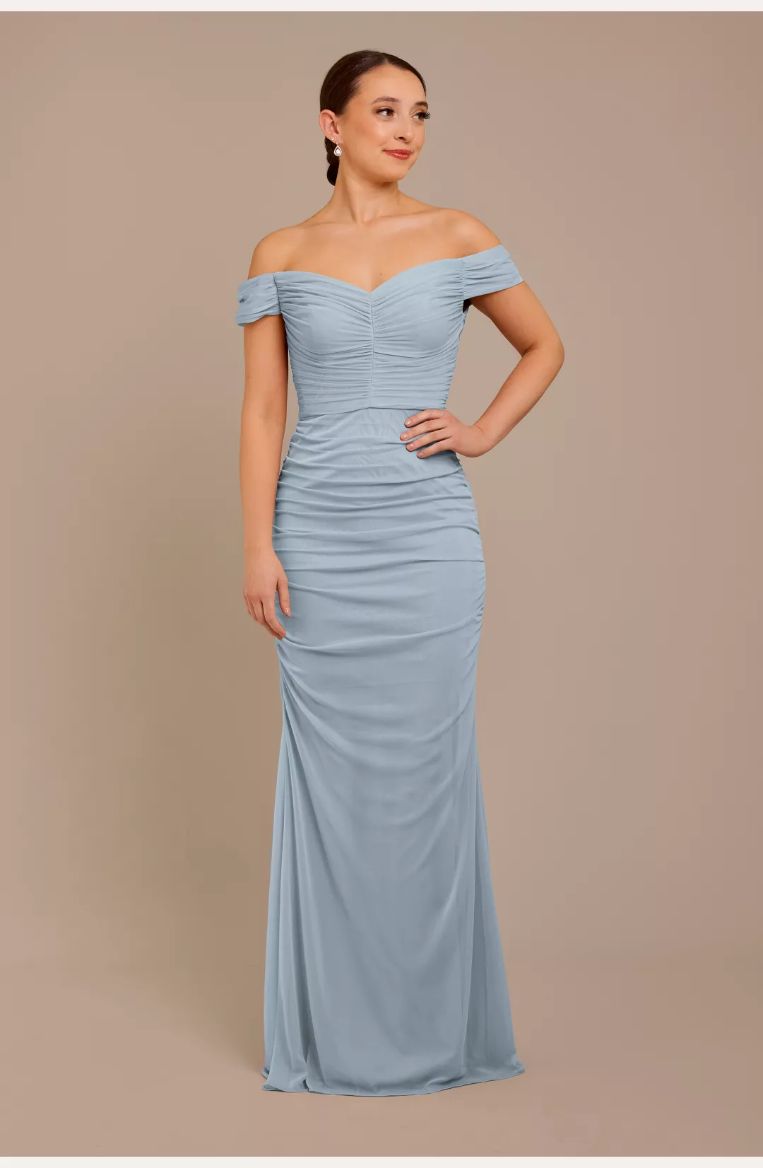 Mesh Off-the-Shoulder Ruched Bridesmaid Dress STYLE# F20734