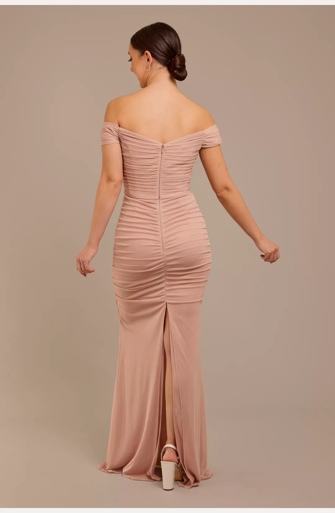 Mesh Off-the-Shoulder Ruched Bridesmaid Dress STYLE# F20734