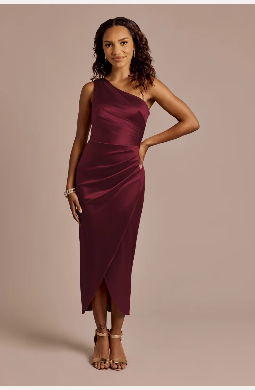 Draped One-Shoulder Sculpting Satin Midi Dress STYLE# F20793