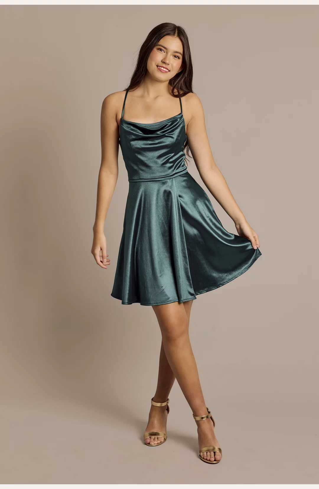 Cowl Neck Short Satin Skater Dress STYLE# GLI4310DB