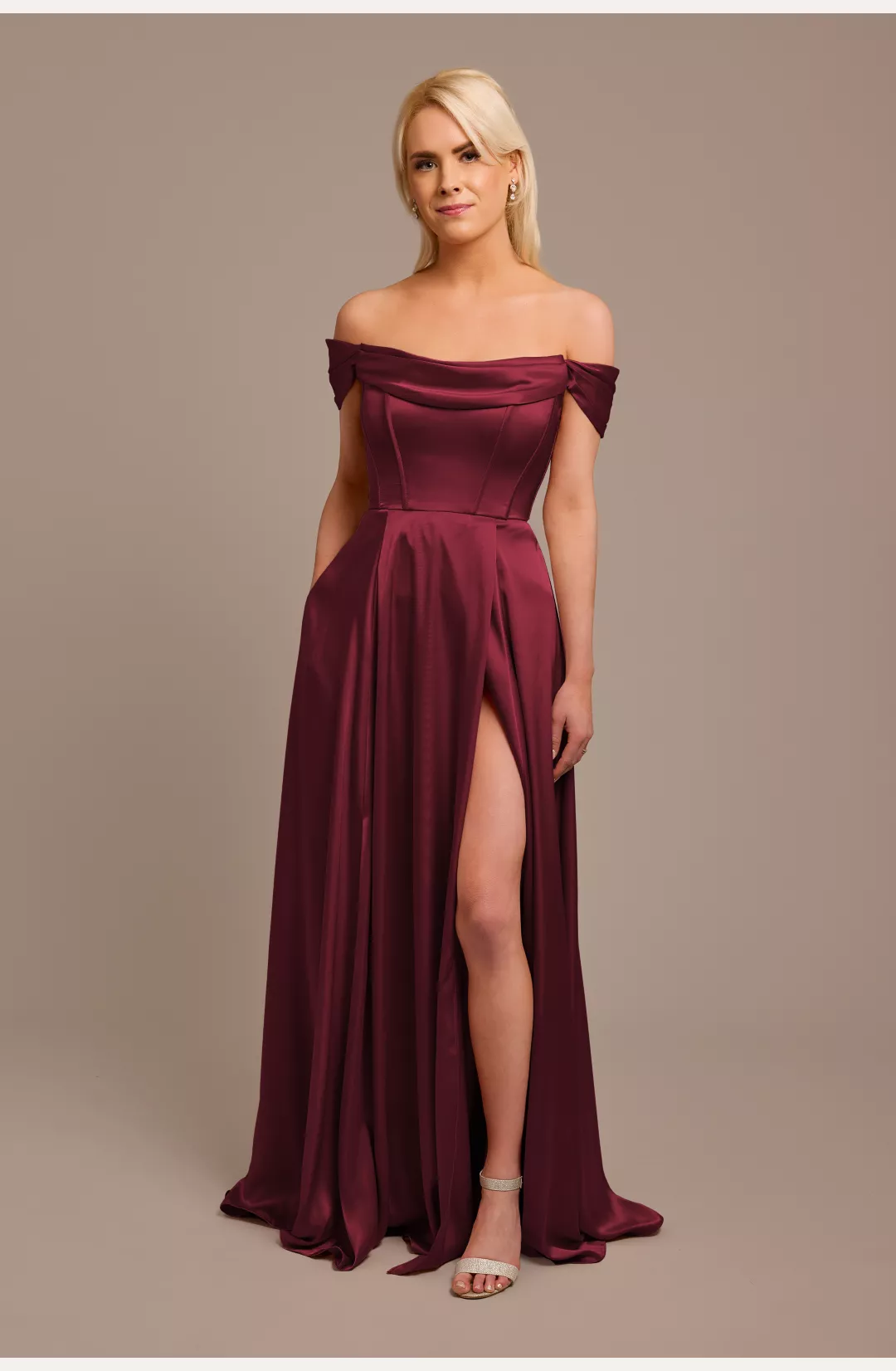 Charmeuse Cowl Off-the-Shoulder Bridesmaid Dress STYLE# GS290173