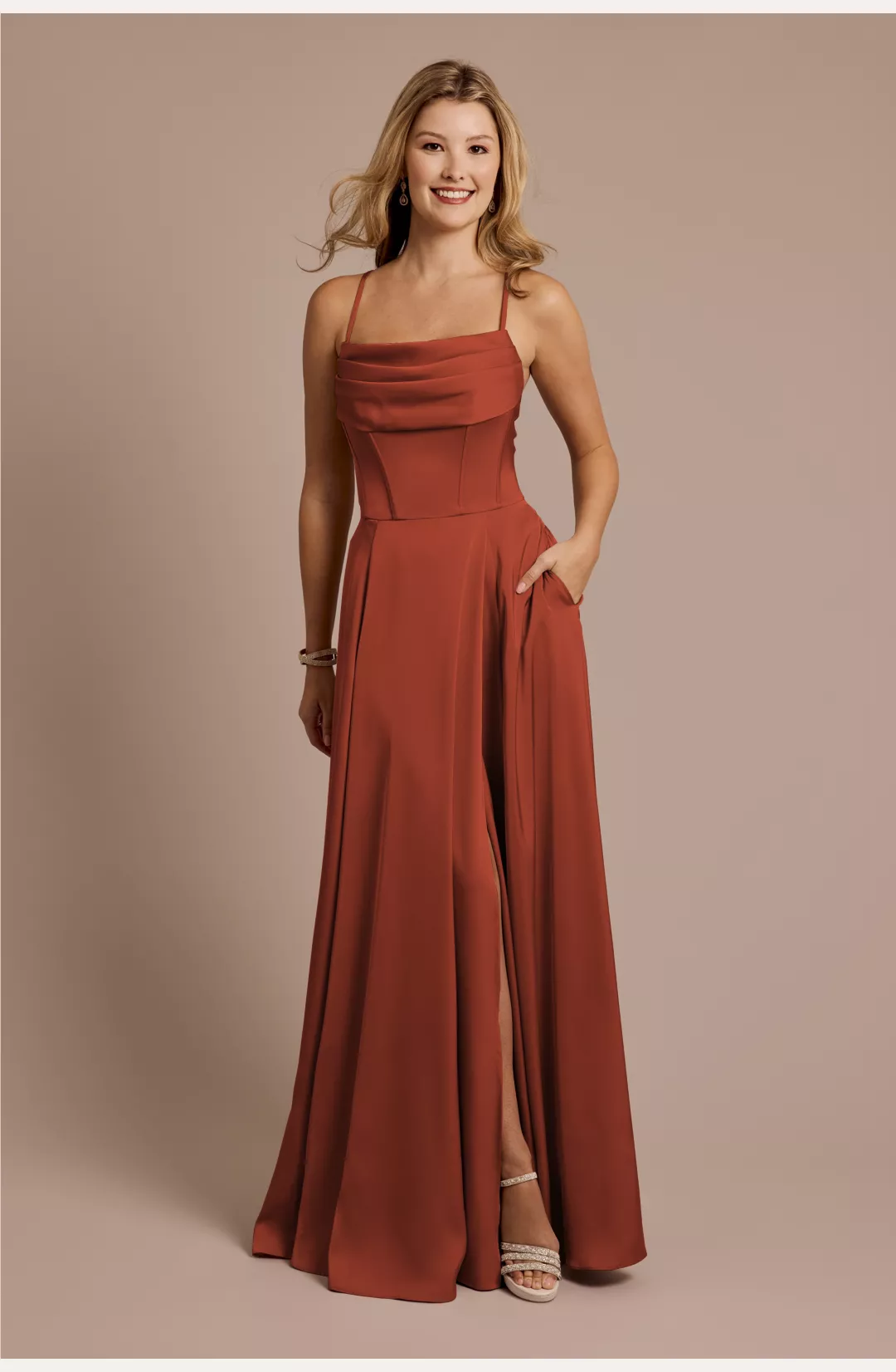 Matte Satin Cowl Neck Spaghetti Strap A-Line Dress STYLE# GS290232