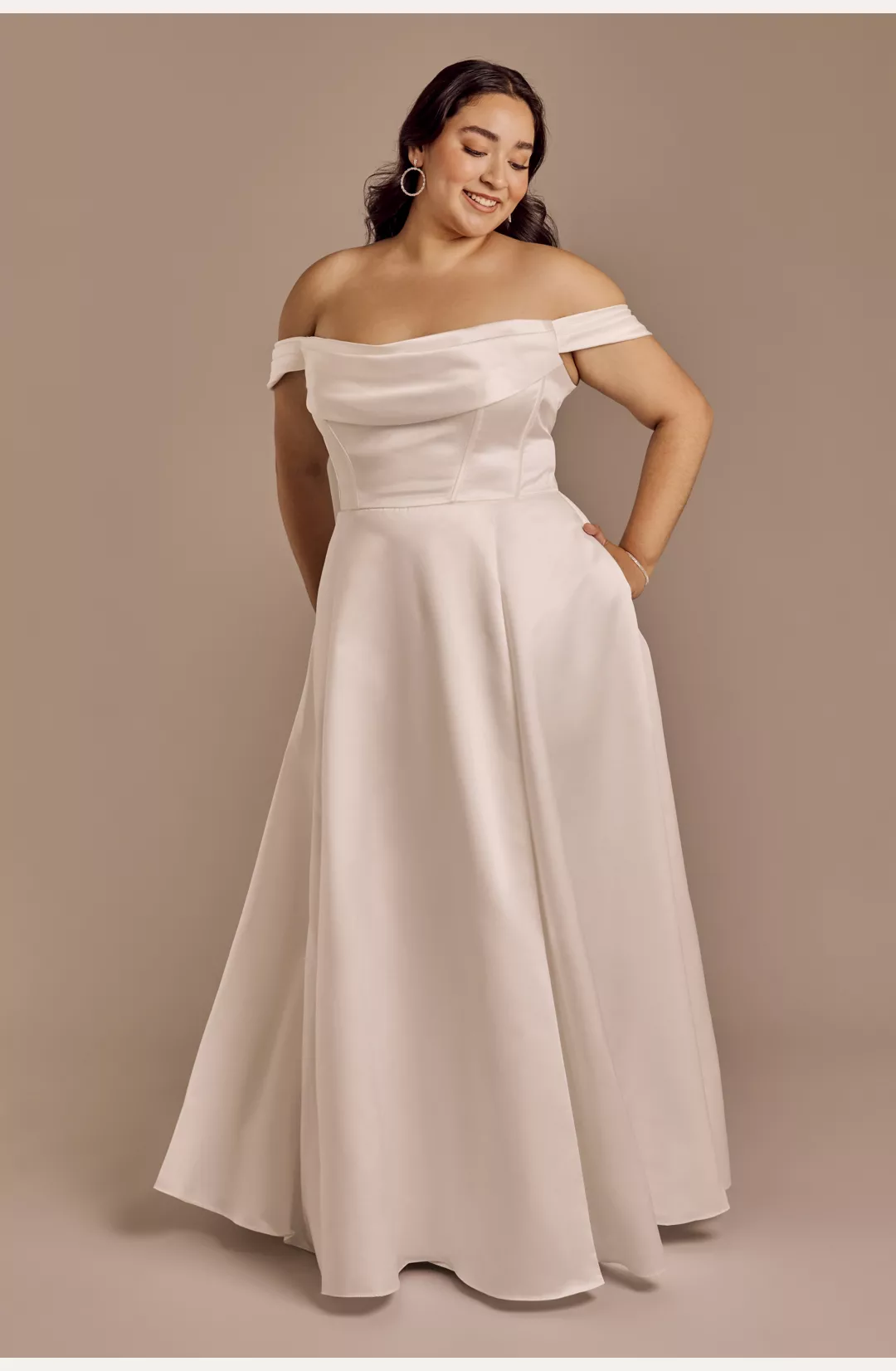 Off-the-Shoulder Cowl Neckline Satin Wedding Dress STYLE# SDWG1217