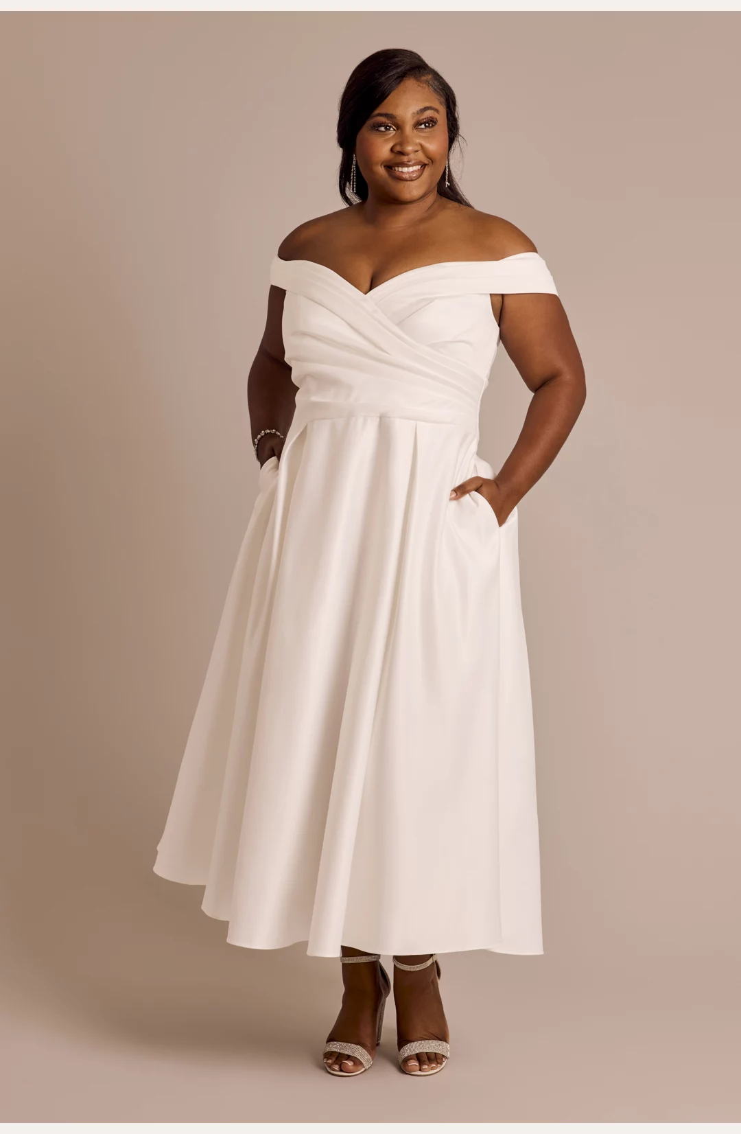 Satin Draped Off-the-Shoulder Tea-Length Dress STYLE# SDWG1237