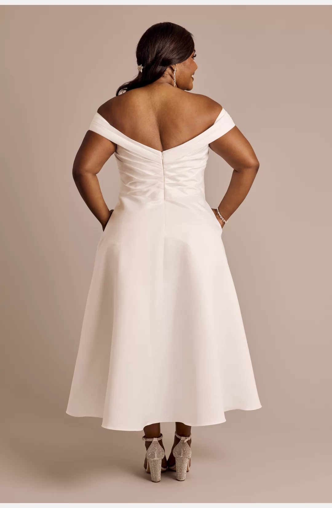 Satin Draped Off-the-Shoulder Tea-Length Dress STYLE# SDWG1237